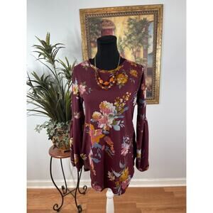 Lildy Tunic Blouse Women’ 8-10 M Maroon Round Hem Bishop Sleeve Cottagecore Boho